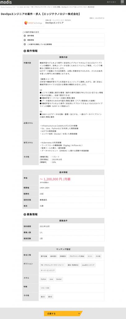 DevOps案件の募集内容